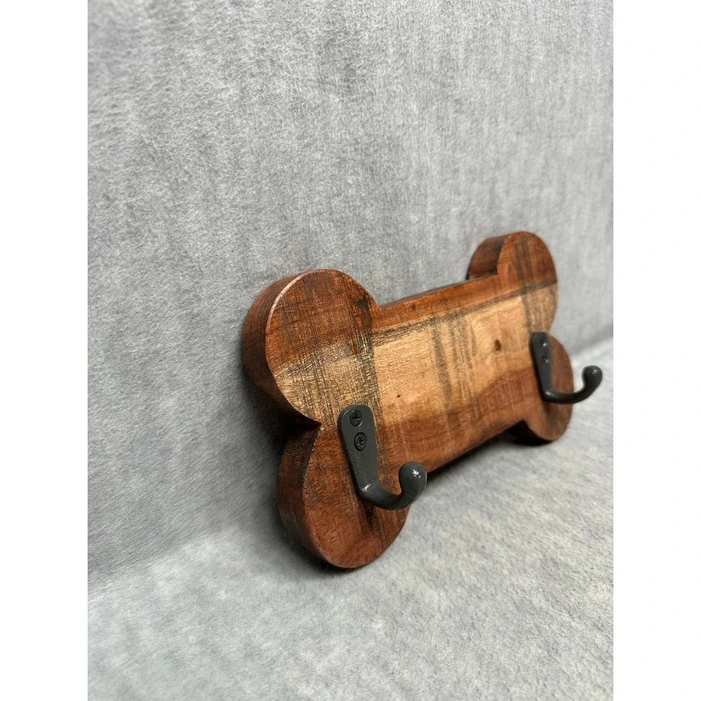 Dog Bone Wall Hook Rack Brown Wood 2-Hook Leash Key Holder Rustic